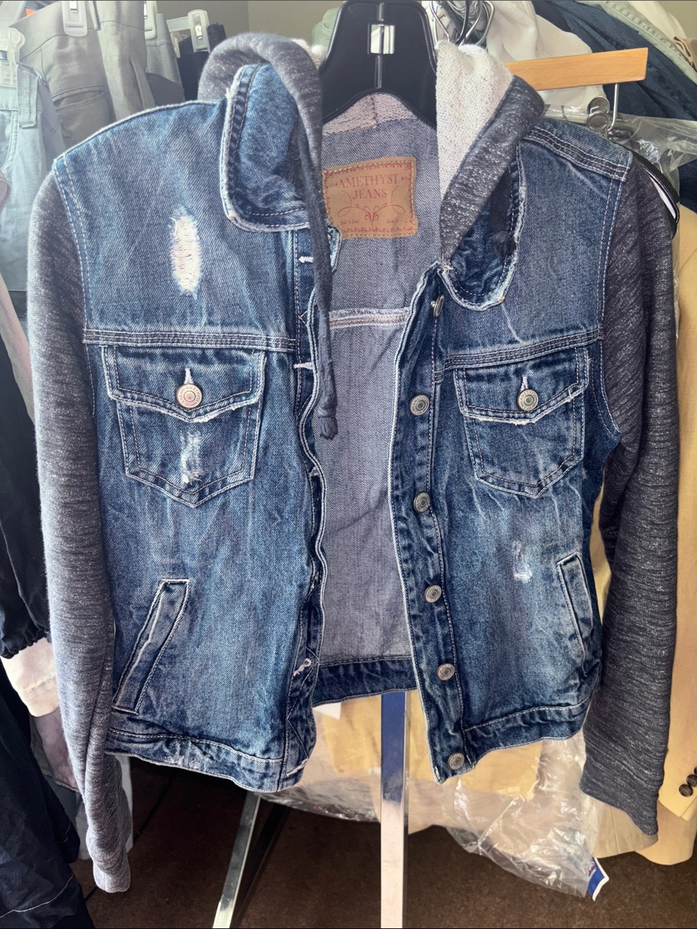 Amethyst Jeans Distressed Blue Denim Jacket with Gray Hood